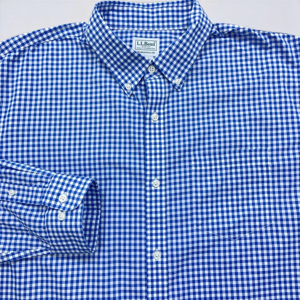 LL Bean Kennebunk Sport Shirt Mens XL Blue White Gingham Button Down Long Sleeve